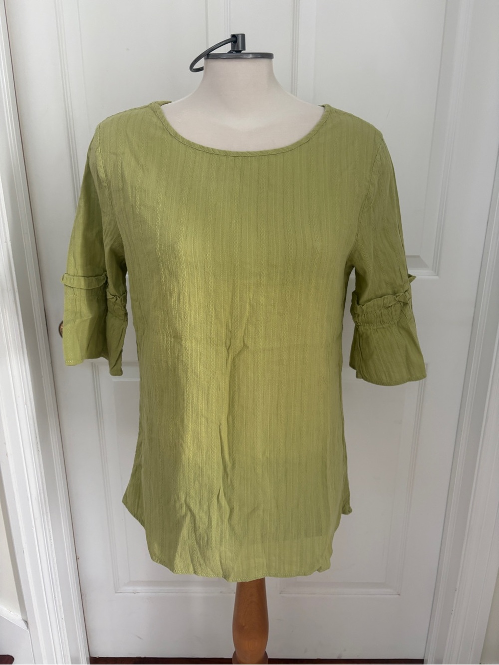 Women's Scoop Neck Tunic in Olive Green with Ruffle Sleeves